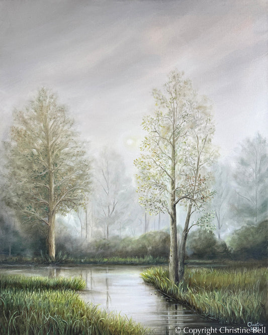"Silent Solitude" GICLÉE PRINT Landscape Oil Painting, Misty Trees, Meadow, Stream