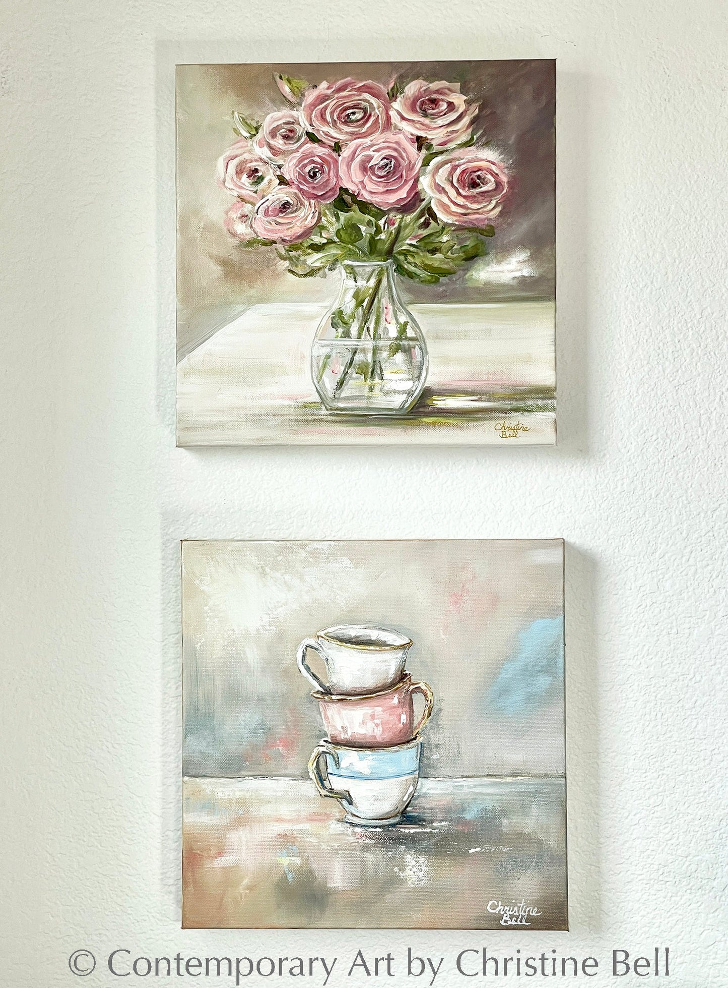 "Tea Time" ORIGINAL OIL PAINTING, Stacked Teacups