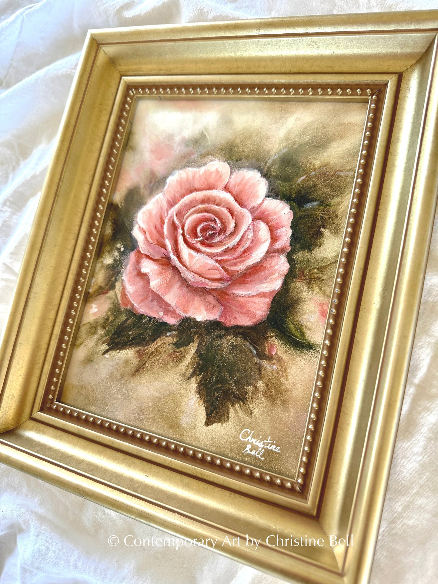 "Pretty Lady" ORIGINAL FLORAL OIL PAINTING, Pink Rose Flowers, Gold Framed, 6x8"