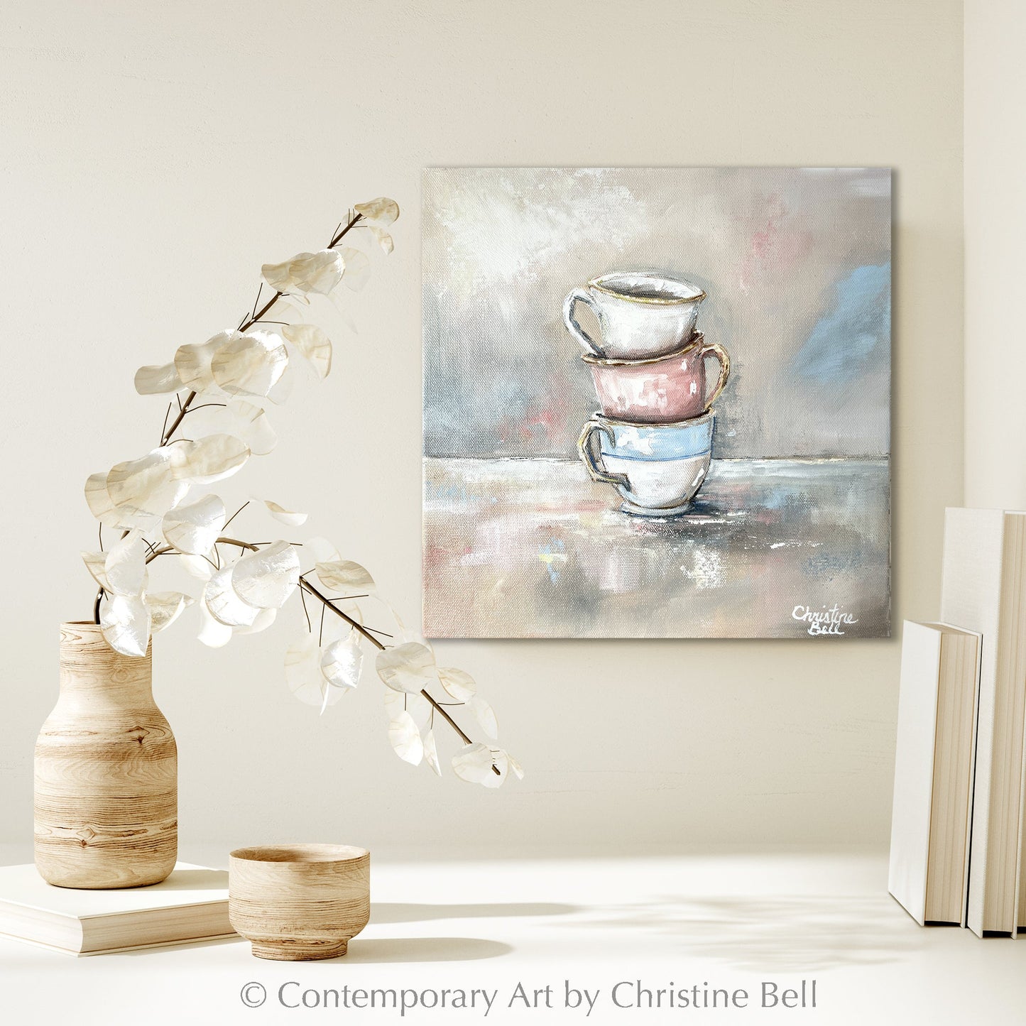 "Tea Time" ORIGINAL OIL PAINTING, Stacked Teacups