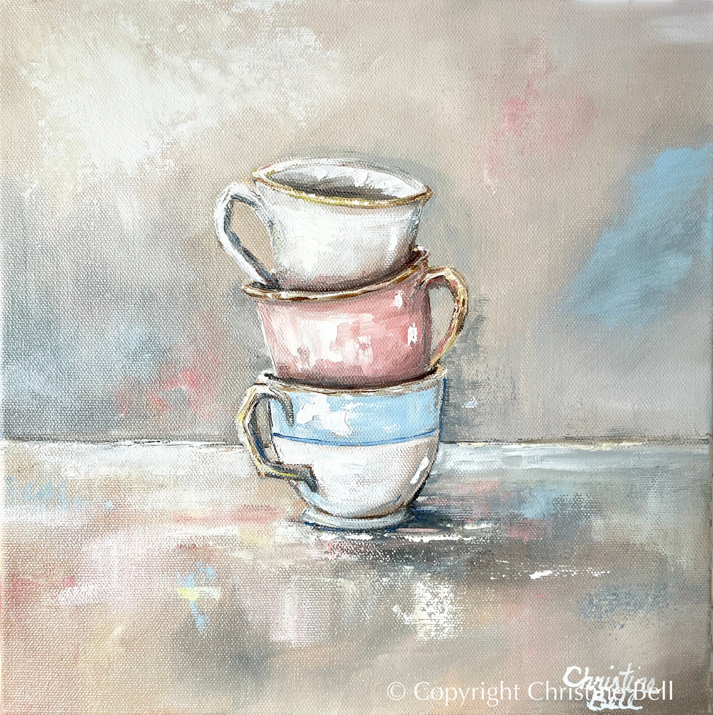 "Tea Time" ORIGINAL OIL PAINTING, Stacked Teacups