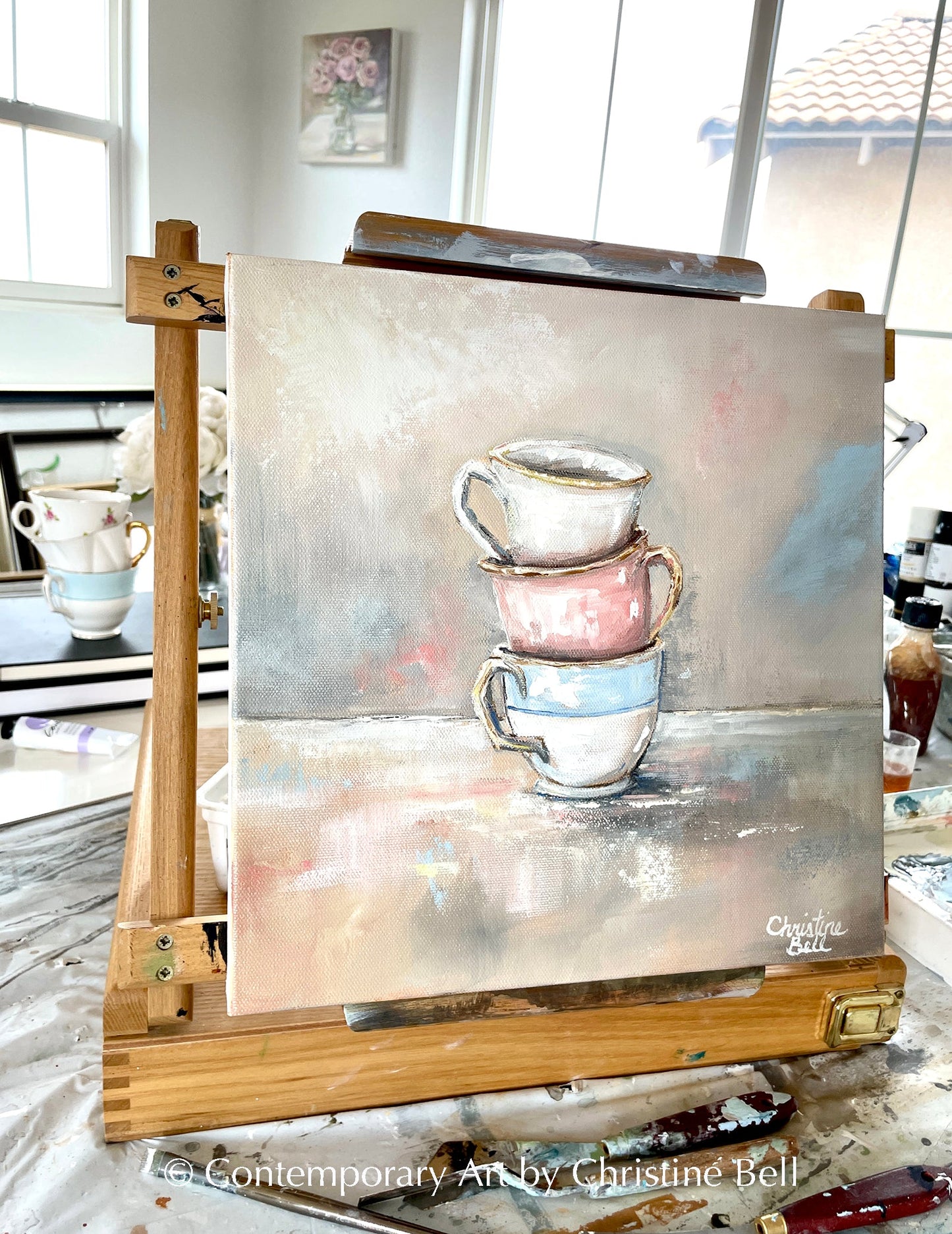 "Tea Time" ORIGINAL OIL PAINTING, Stacked Teacups