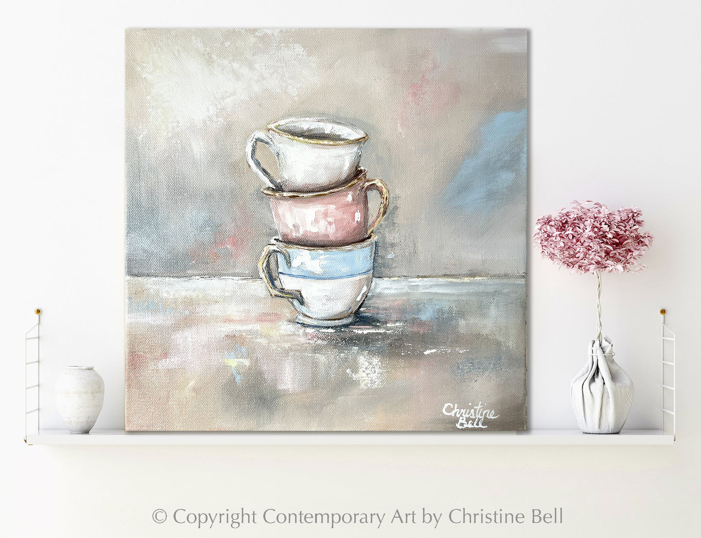 "Tea Time" ORIGINAL OIL PAINTING, Stacked Teacups