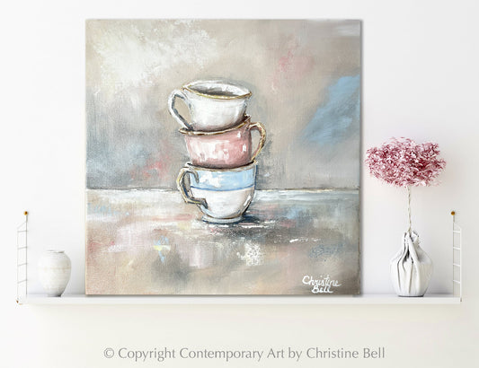 "Tea Time" ORIGINAL OIL PAINTING, Stacked Teacups