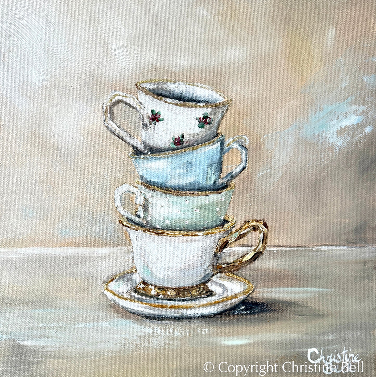 "High Tea" ORIGINAL OIL PAINTING, Stacked Teacups