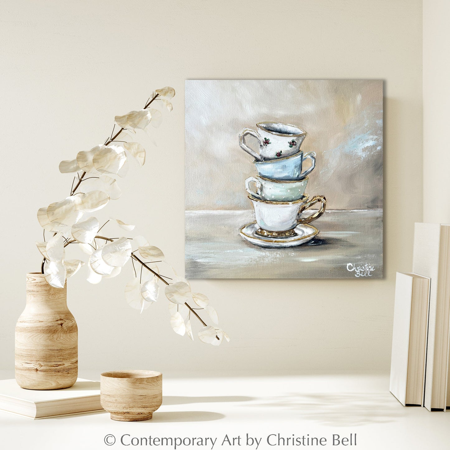 "High Tea" ORIGINAL OIL PAINTING, Stacked Teacups