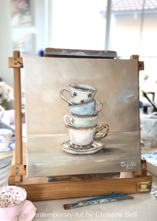 "High Tea" ORIGINAL OIL PAINTING, Stacked Teacups