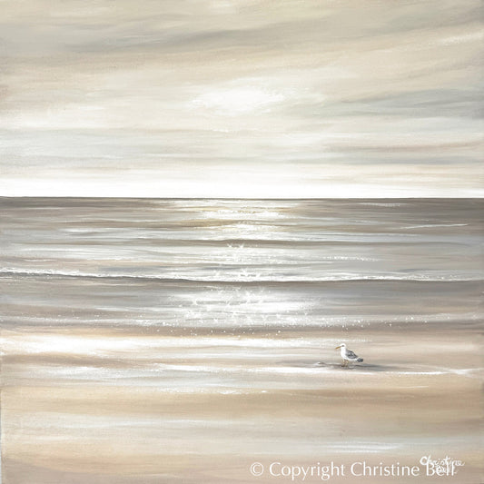 "Solo Reflections" ORIGINAL, Coastal Ocean Seascape Neutral Oil Painting, Seagull Bird, 30x30"