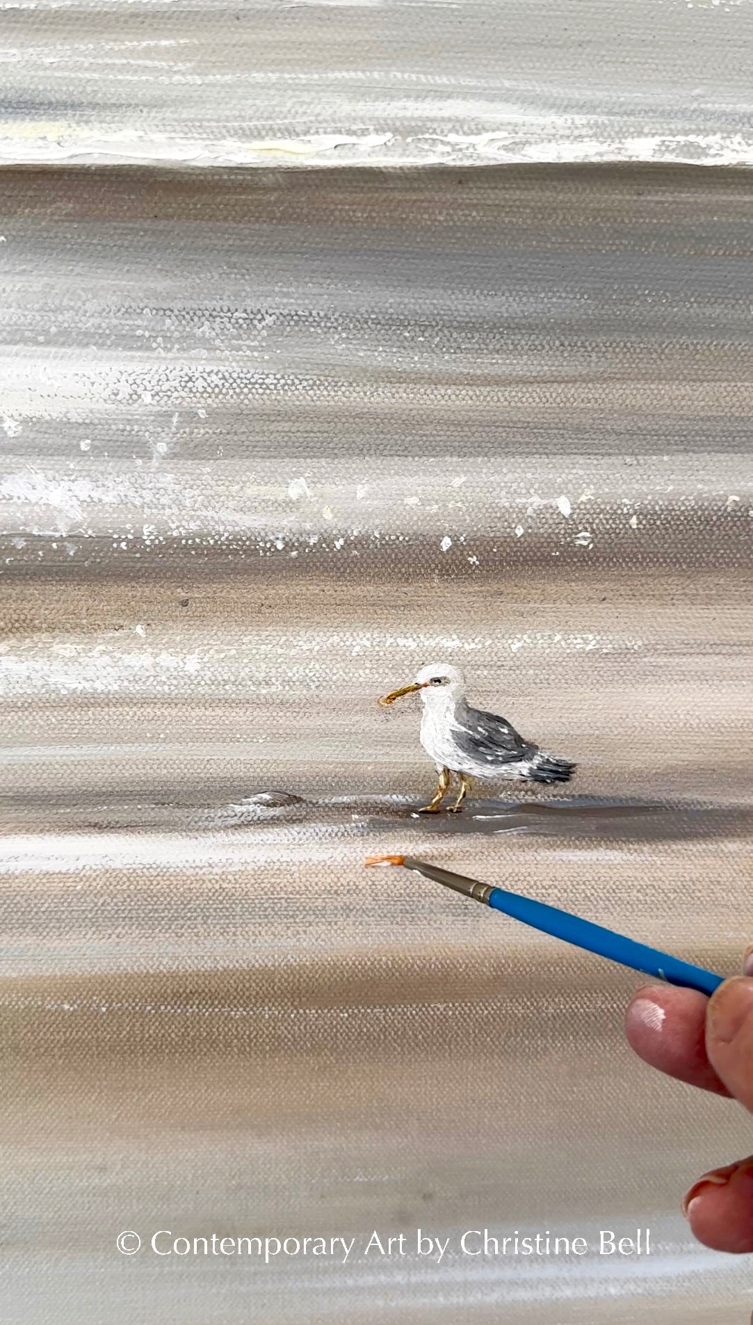 "Solo Reflections" ORIGINAL, Coastal Ocean Seascape Neutral Oil Painting, Seagull Bird, 30x30"