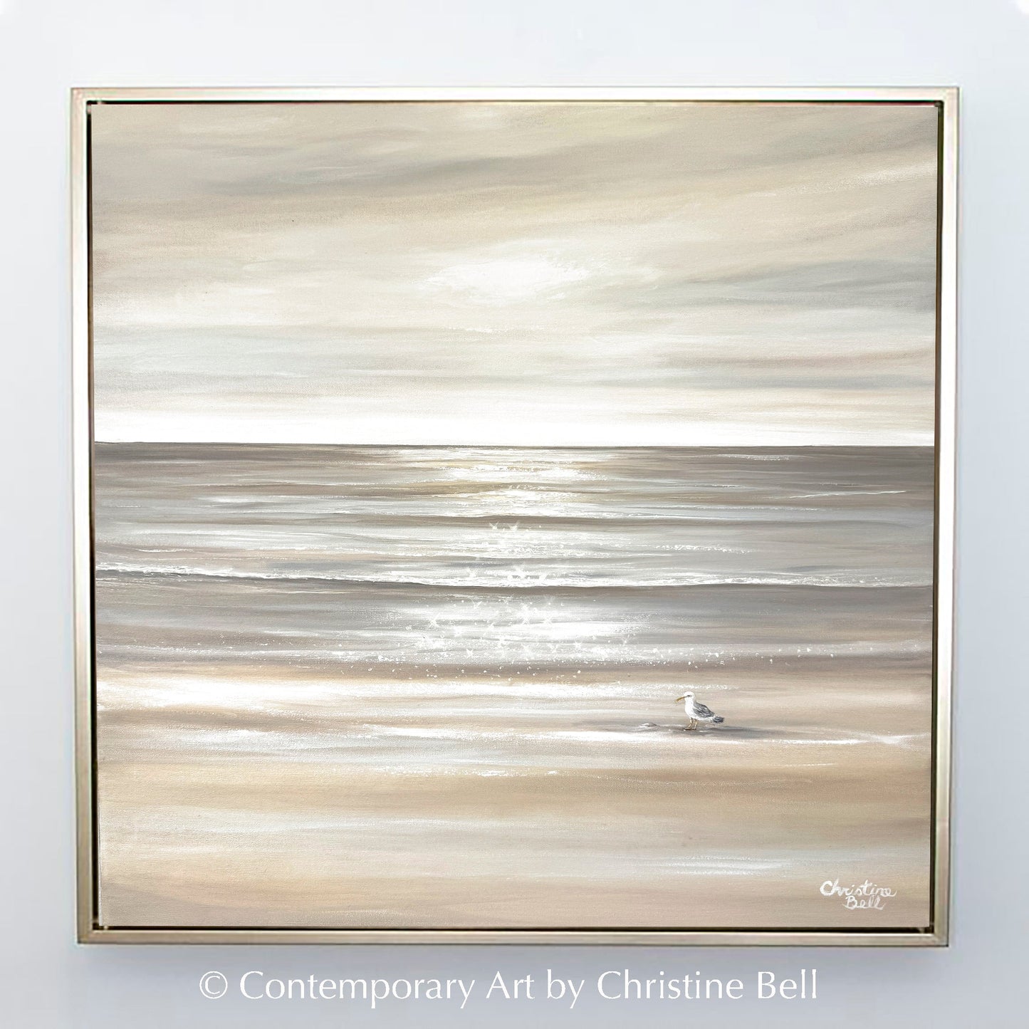 "Solo Reflections" ORIGINAL, Coastal Ocean Seascape Neutral Oil Painting, Seagull Bird, 30x30"