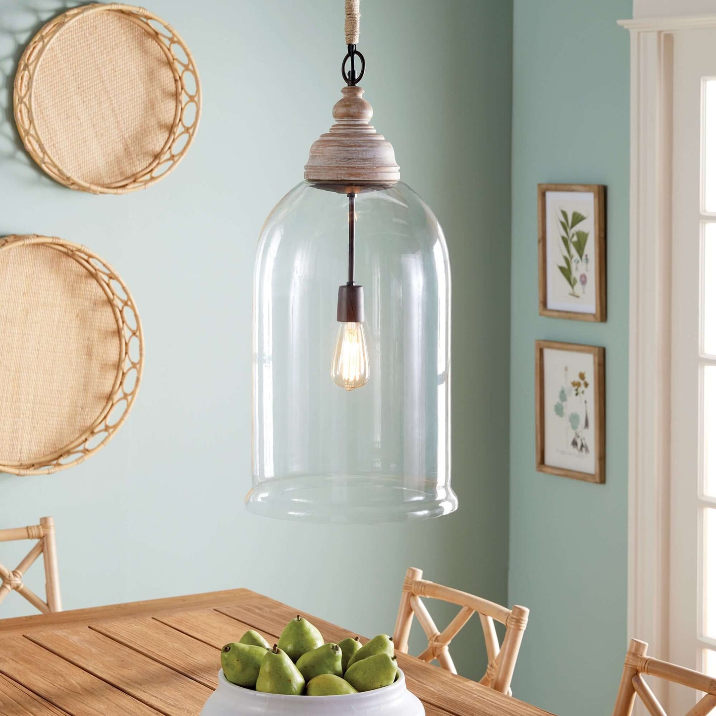 Oversized Glass Cloche Pendant Light with Wood Accent