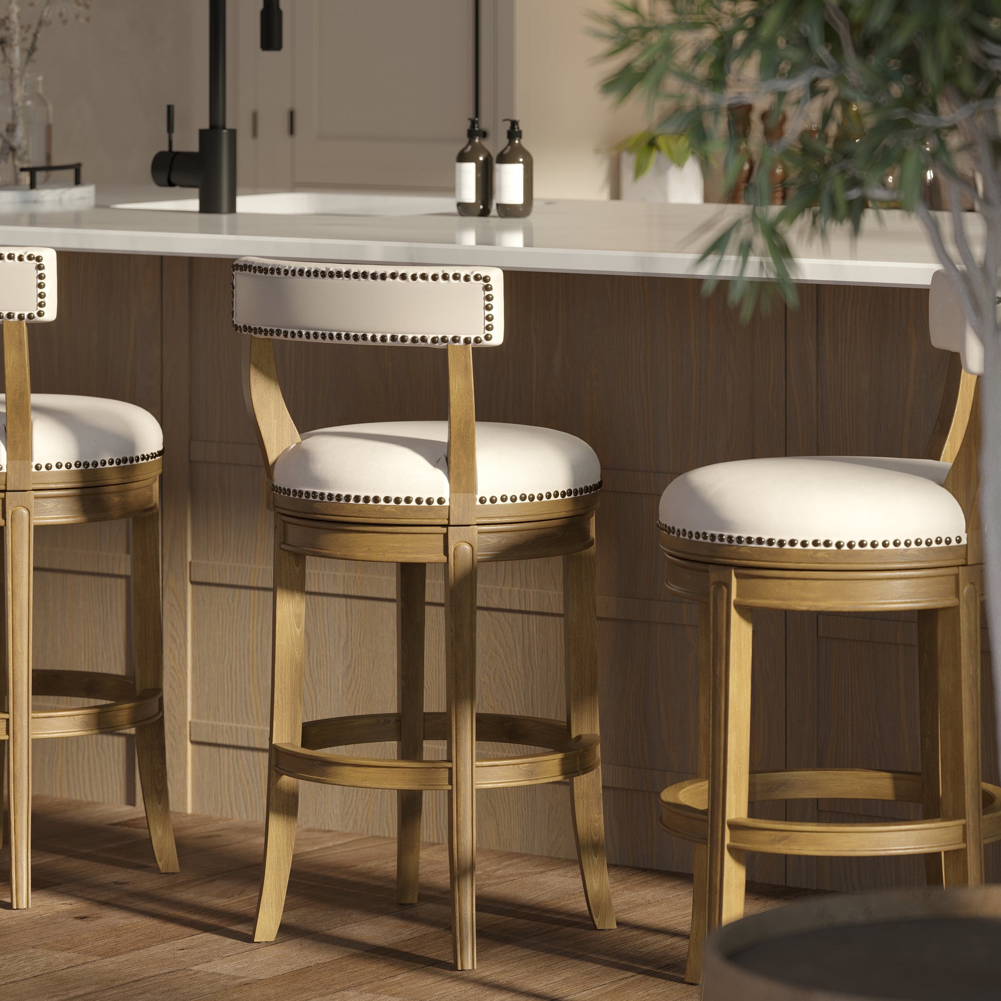 Morehead Stool in Pecan with Linen Seat showcase at a modern kitchen bar setup.