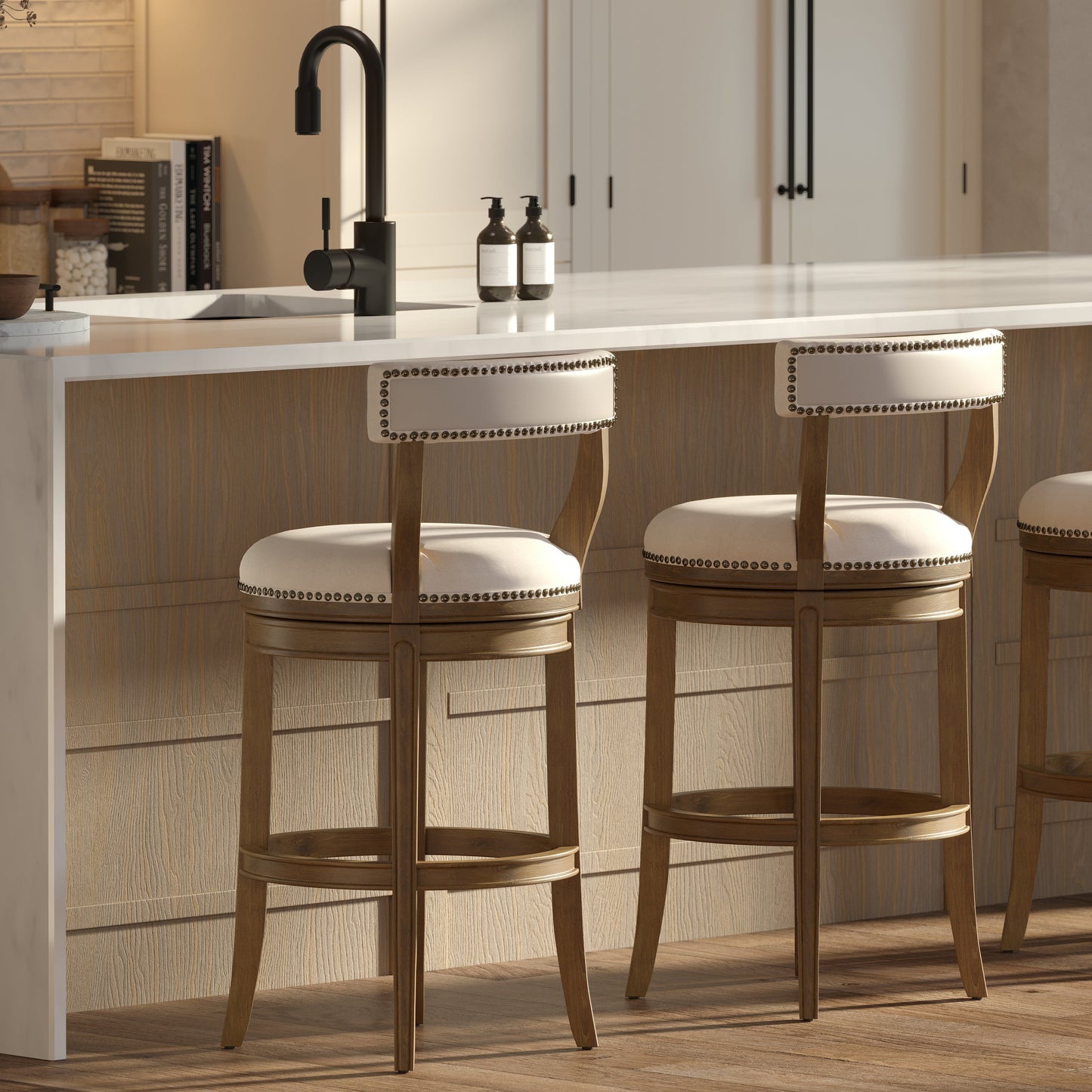 Morehead Stool in Pecan with Linen Seat at a modern kitchen bar.