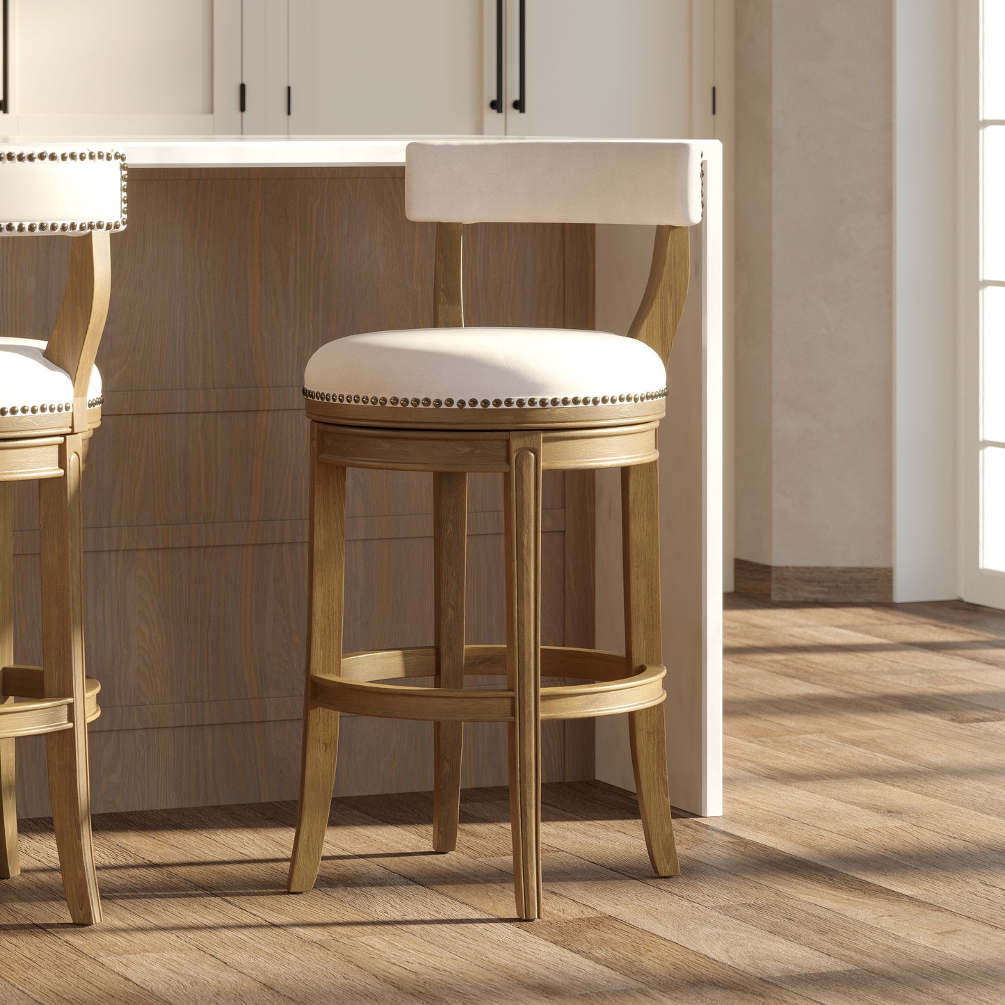 Morehead Stool in Pecan with Linen Seat placed at a kitchen counter, showcasing modern design and plush seat.