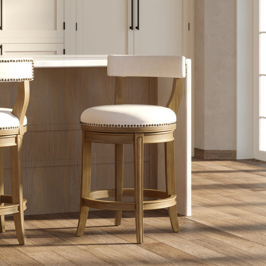 Morehead Stool in Pecan with Linen Seat featuring a stylish design and plush seating in a bright kitchen setting.