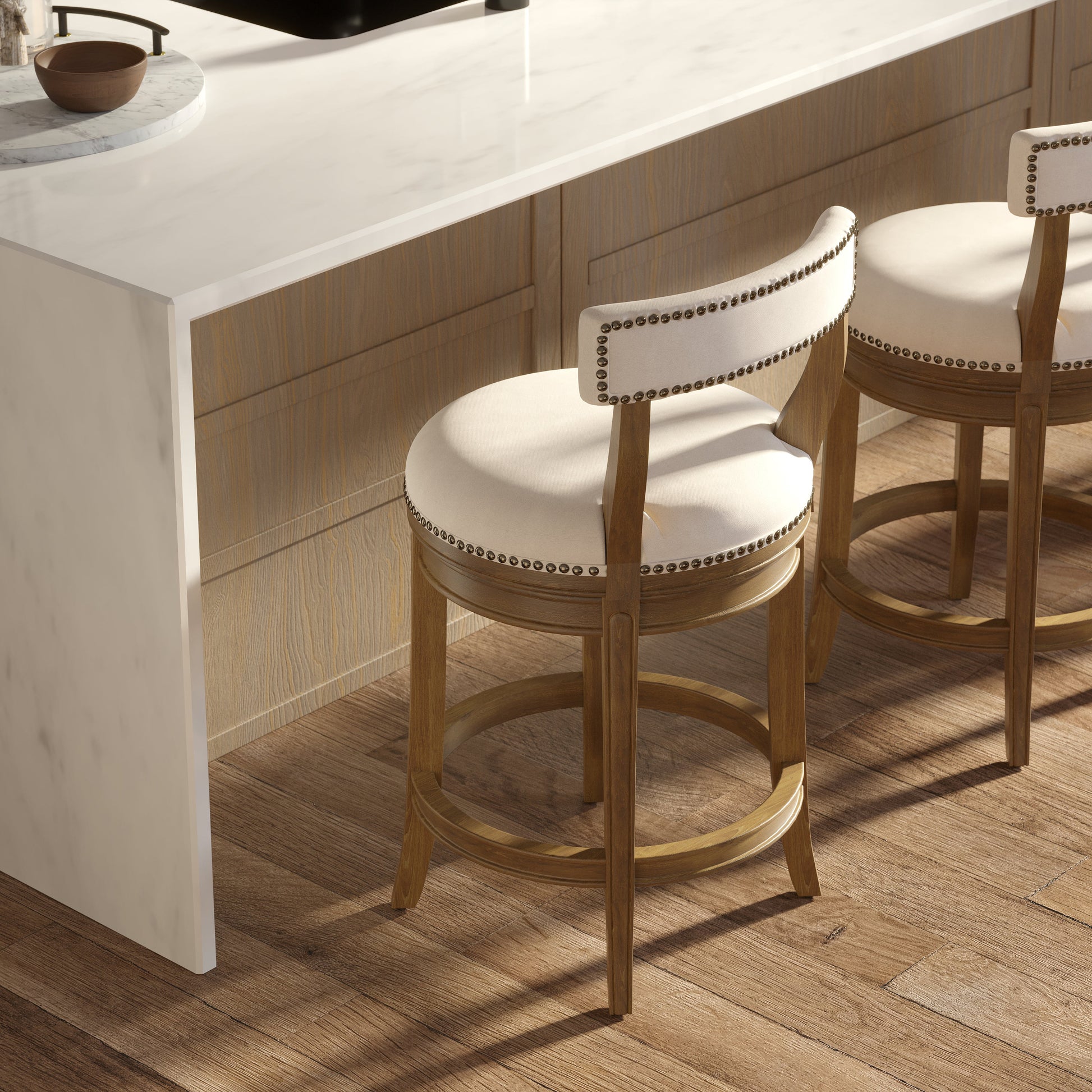 Morehead Stool in Pecan with Linen Seat located at a kitchen bar counter.