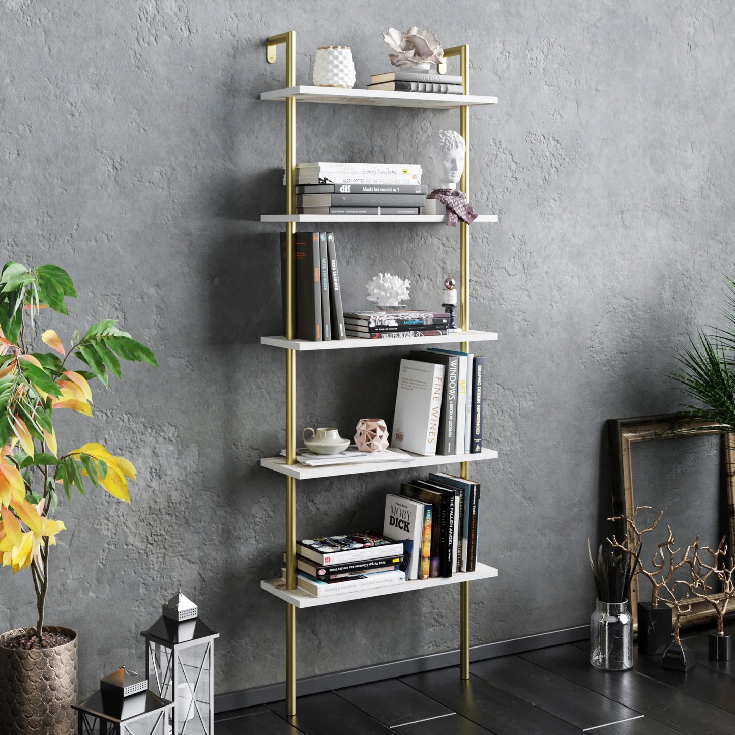 Paula 68 inches Tall Metal Manufactured Wood Accent Ladder Bookcase