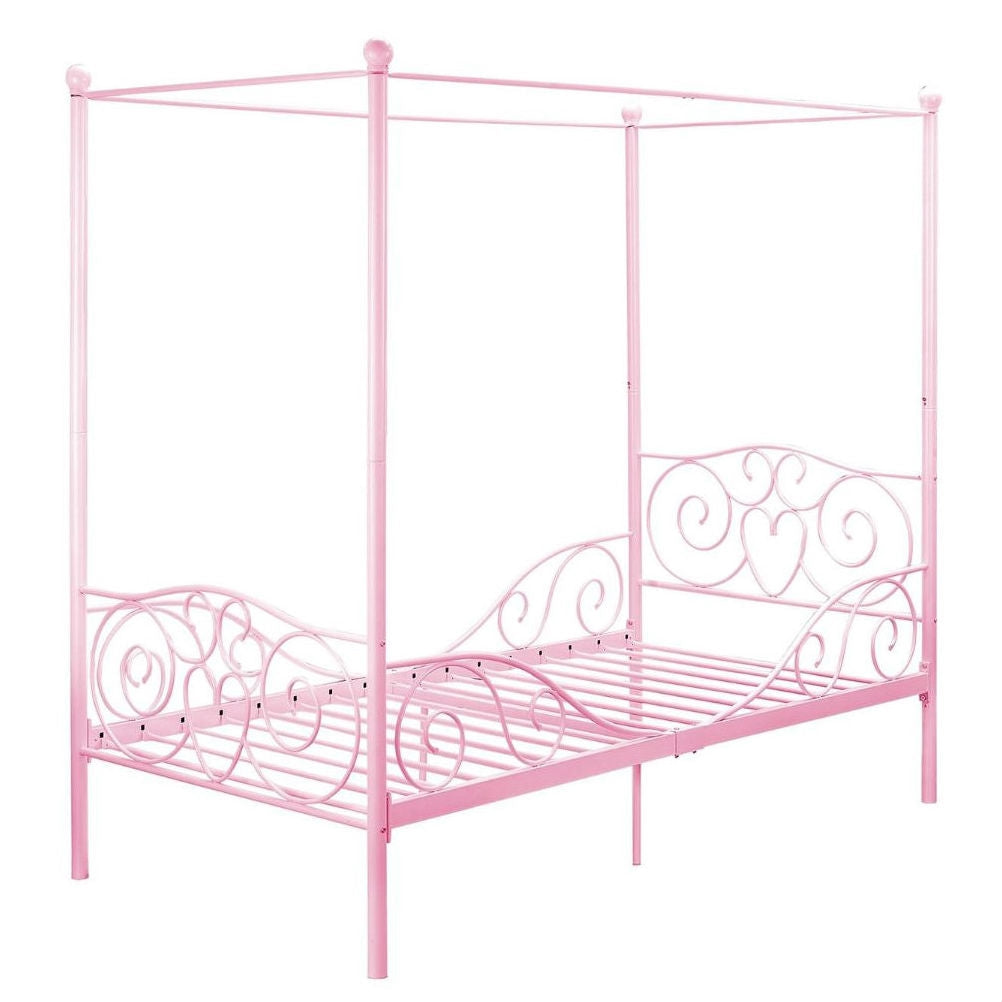 Twin size Sturdy Metal Canopy Bed in Pink