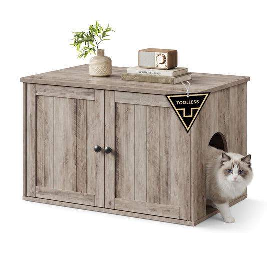 Litter Box Enclosure, Superfast Toolless Assembly, Cat Litter Box Furniture, Push-to-Open Doors, Indoor Cat House, Greige