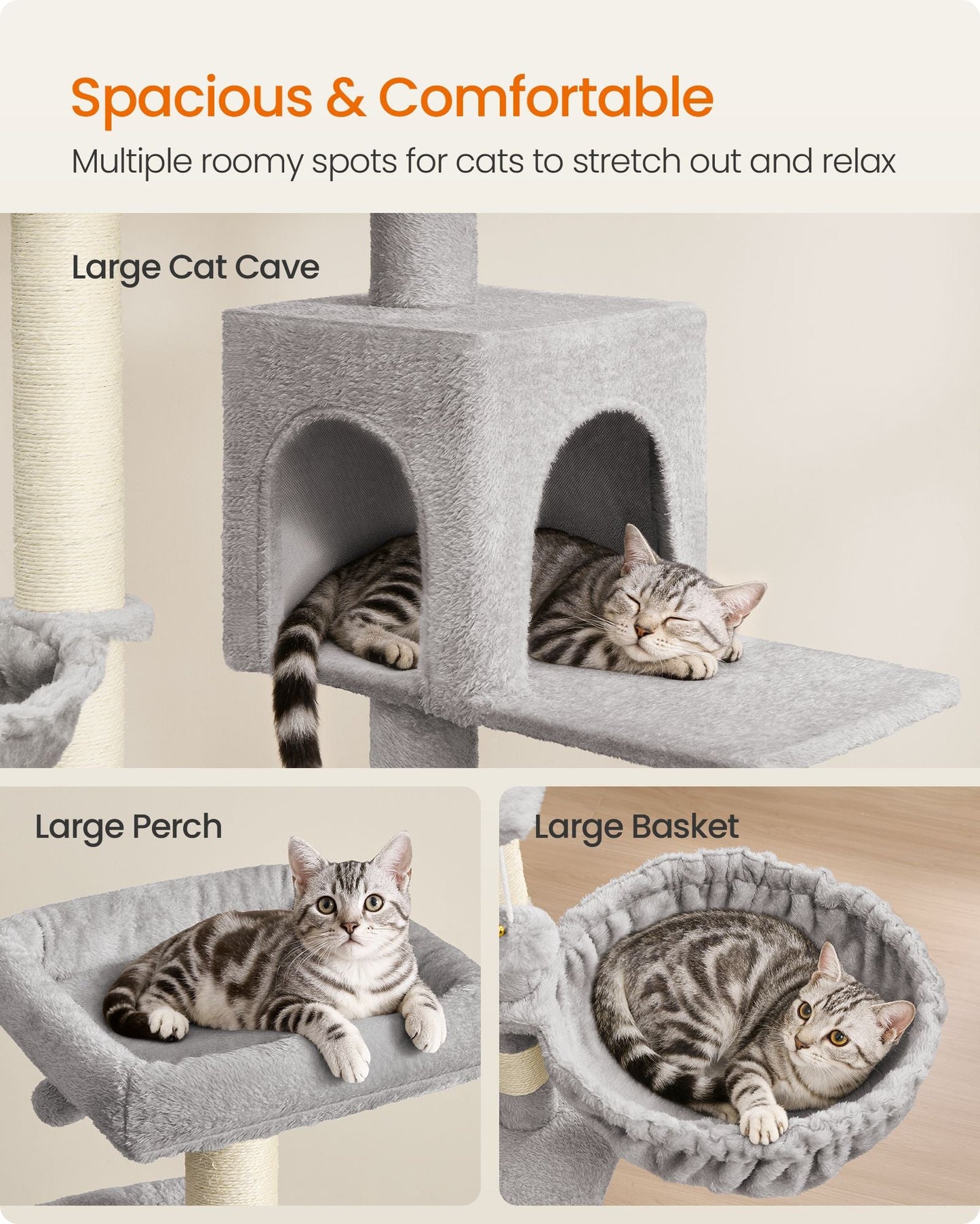 Feandrea Large Cat Tree Tower, 68.5-Inch Tall Cat Condo with Large Perch