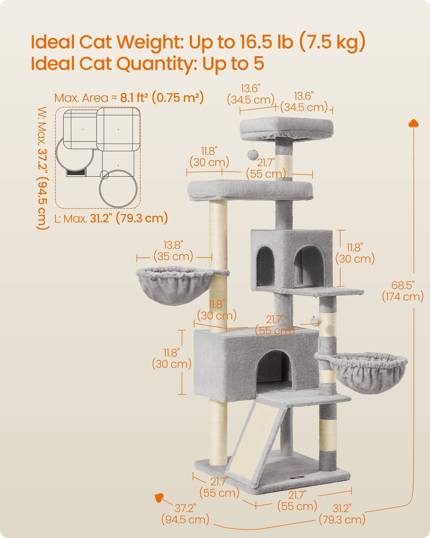 Feandrea Large Cat Tree Tower, 68.5-Inch Tall Cat Condo with Large Perch