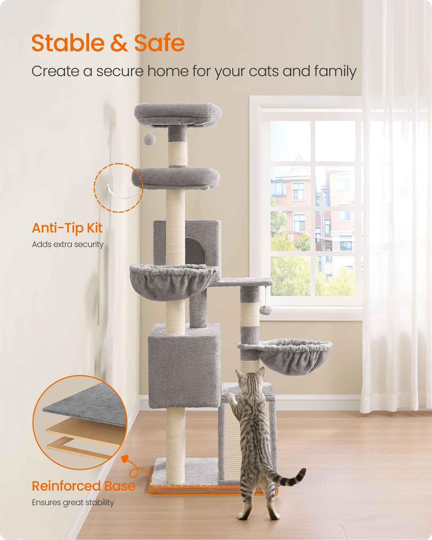 Feandrea Large Cat Tree Tower, 68.5-Inch Tall Cat Condo with Large Perch