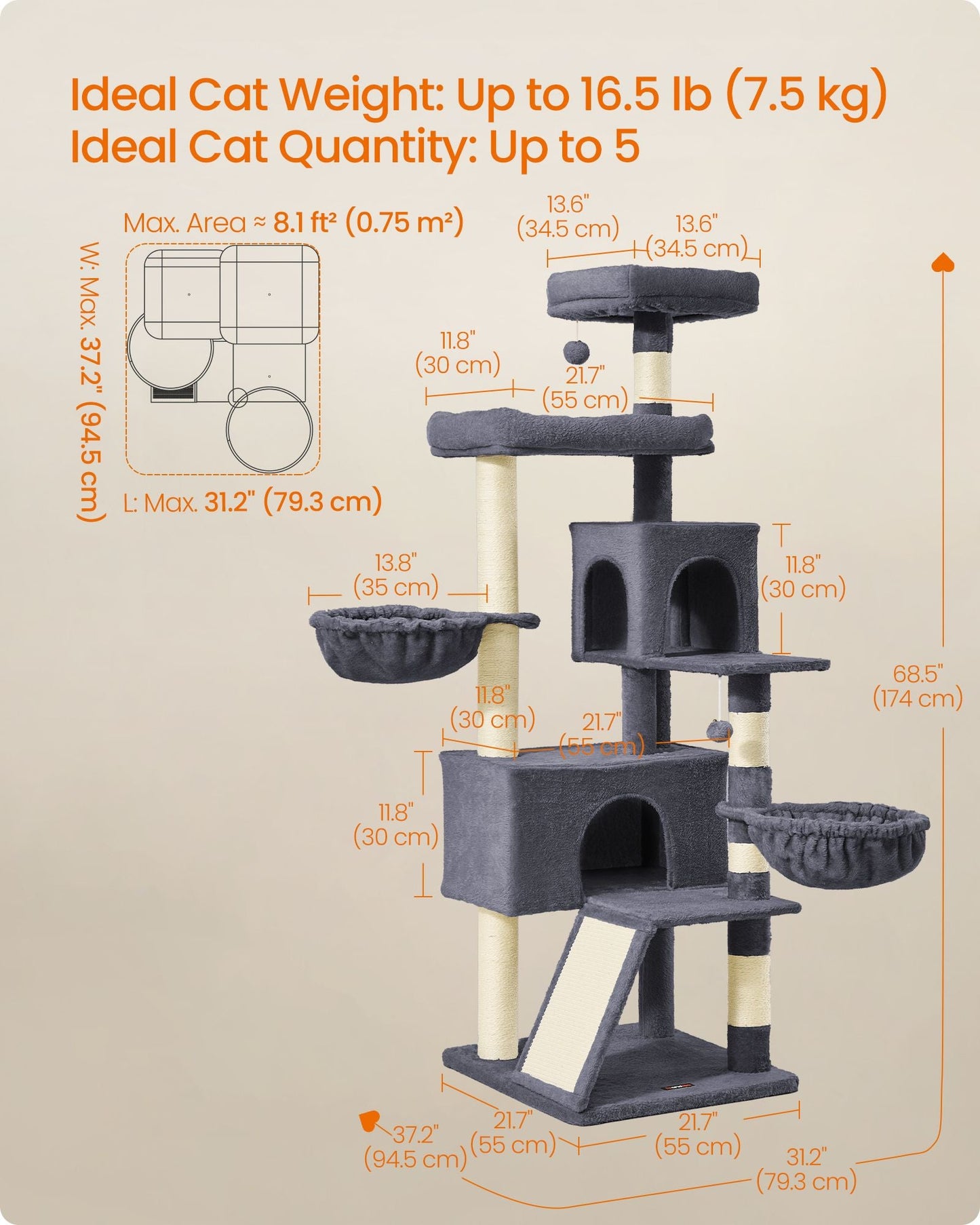 Feandrea Large Cat Tree Tower, 68.5-Inch Tall Cat Condo with Large Perch
