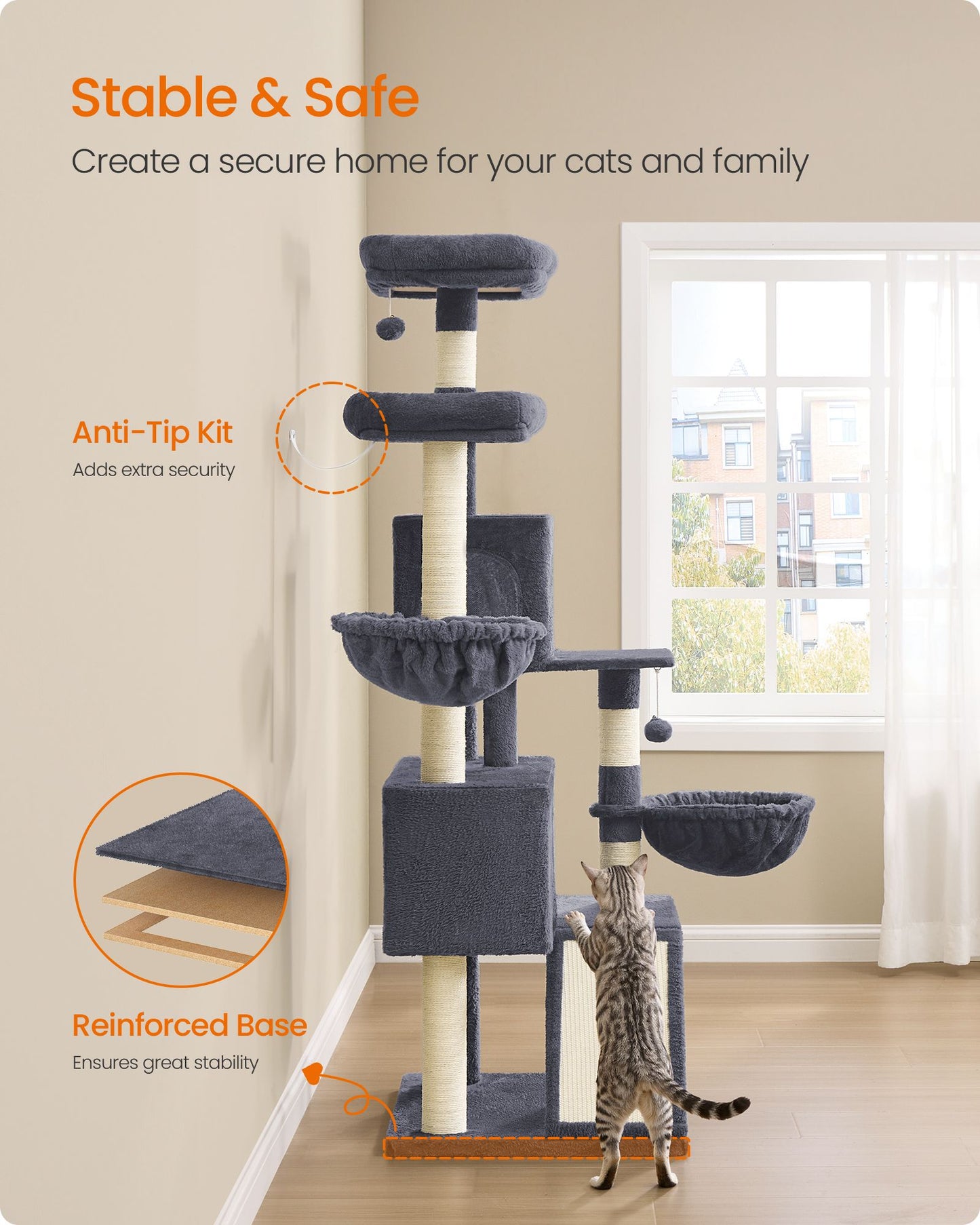 Feandrea Large Cat Tree Tower, 68.5-Inch Tall Cat Condo with Large Perch
