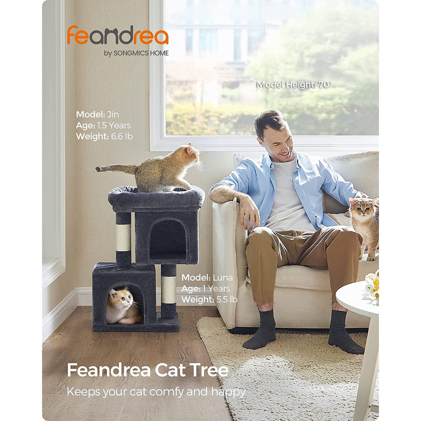 26.4-Inch Cat Tower with 2 Cat Caves