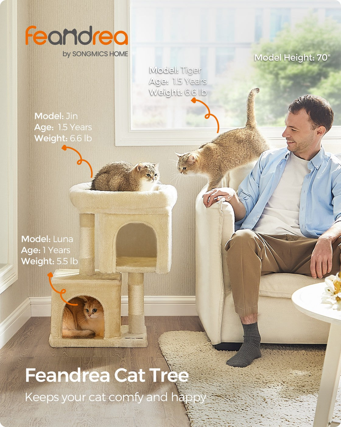 26.4-Inch Cat Tower with 2 Cat Caves