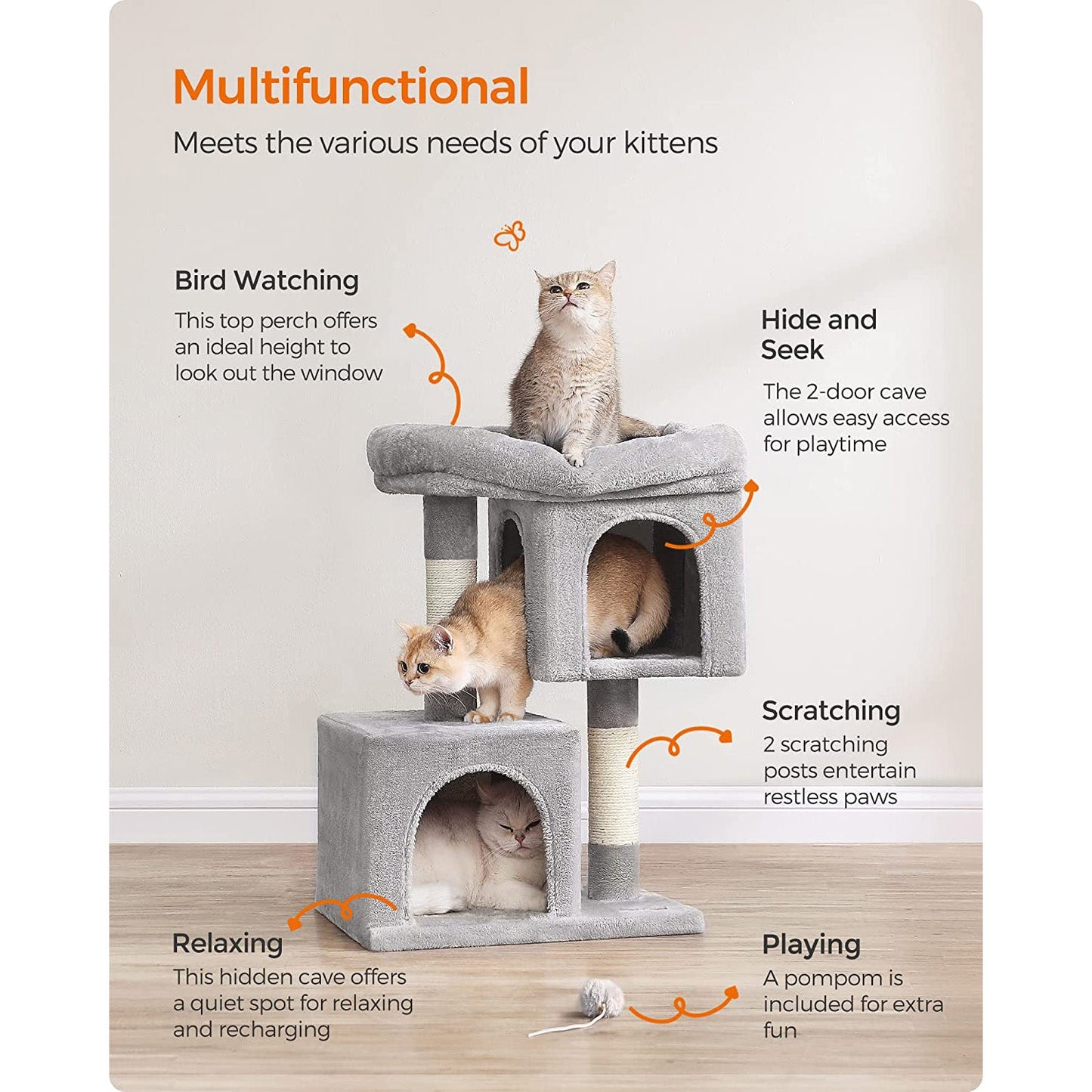 26.4-Inch Cat Tower with 2 Cat Caves