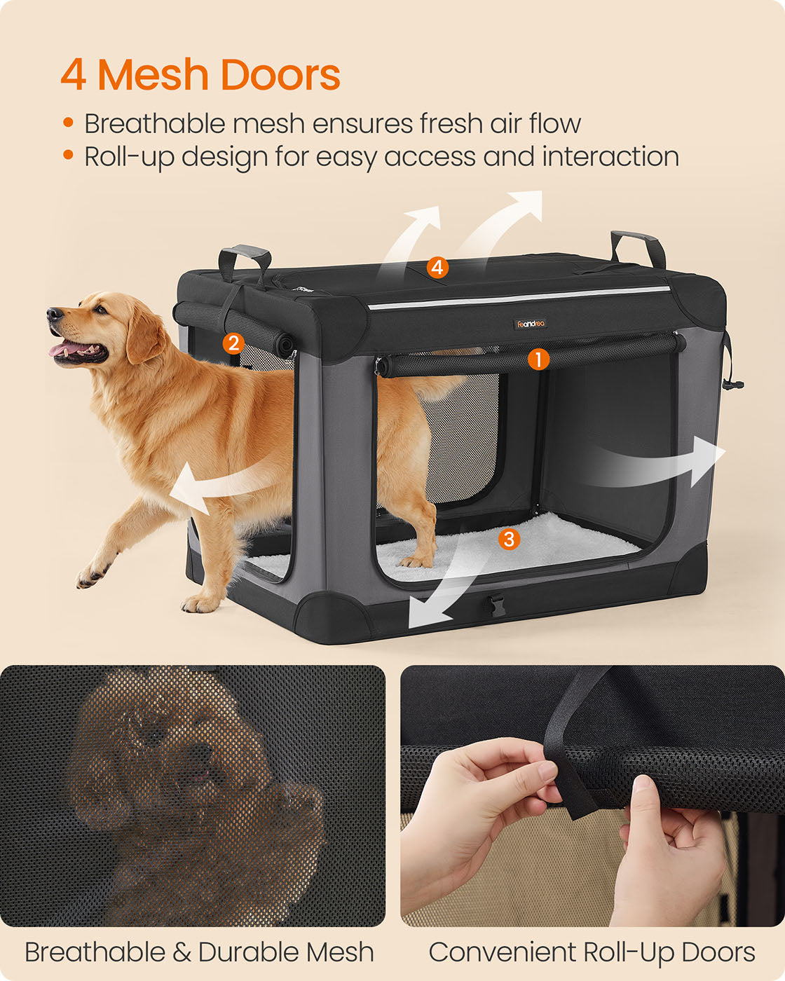 Collapsible Dog Crate 36-Inch 4 Mesh Doors Handles Storage Pocket