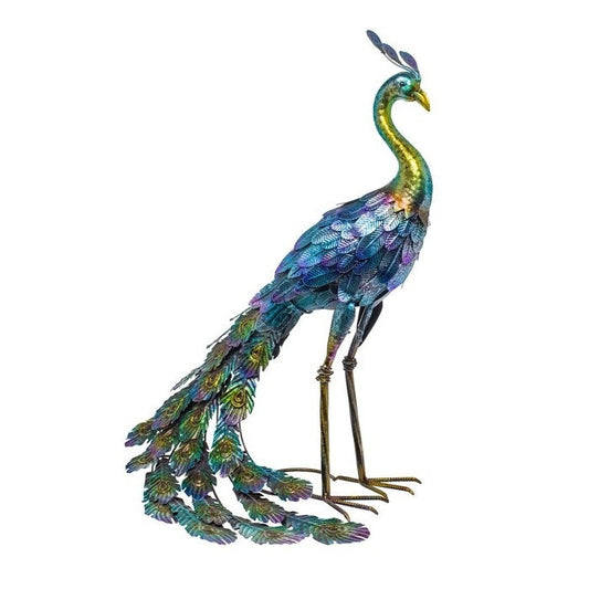 Decorative peacock statue with vibrant colors on a white background