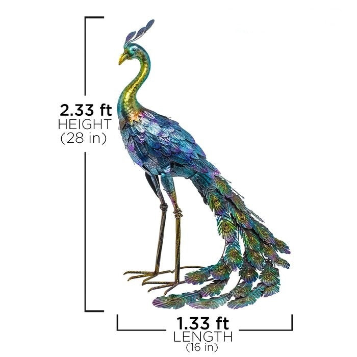 Decorative peacock statue with measurements on a white background