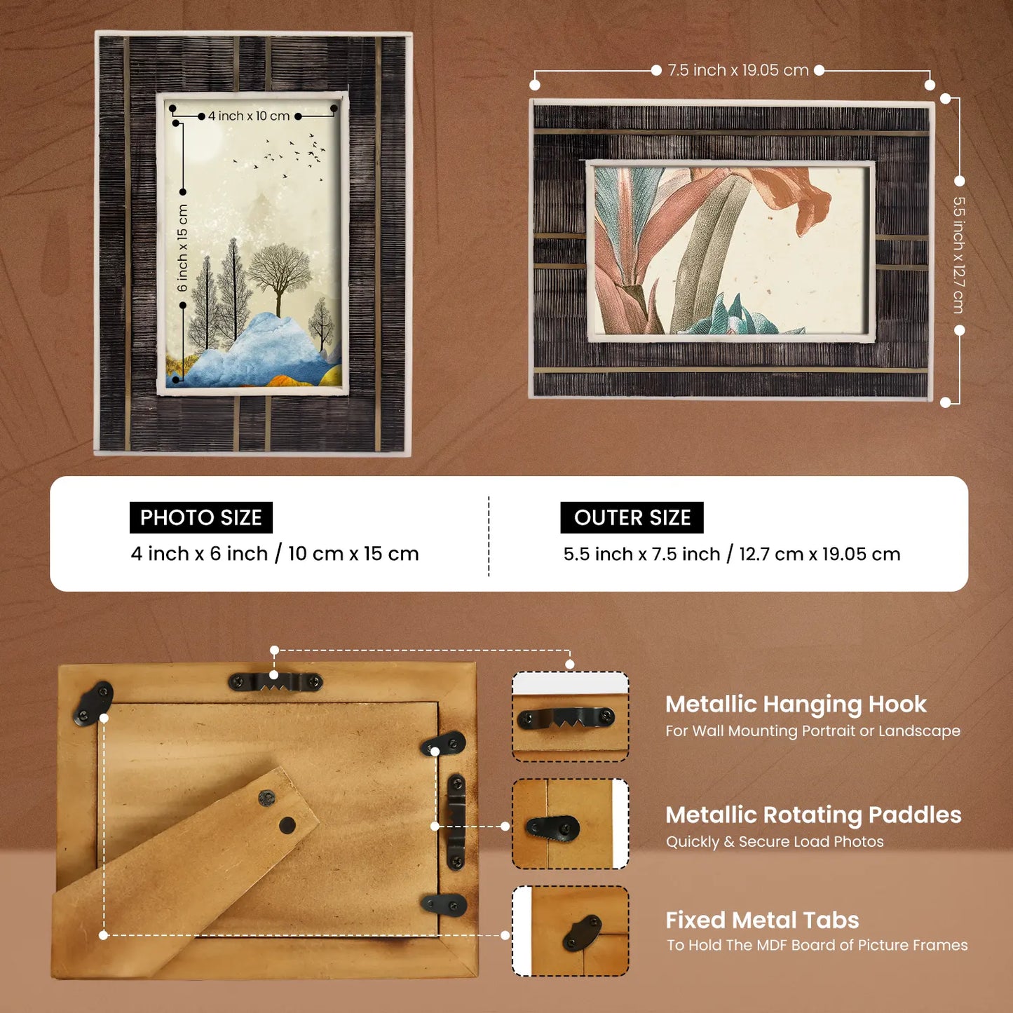 Horn Inlay & Resin Inlay Shagrin Picture Photo Frames Brown, 4x6 5x7