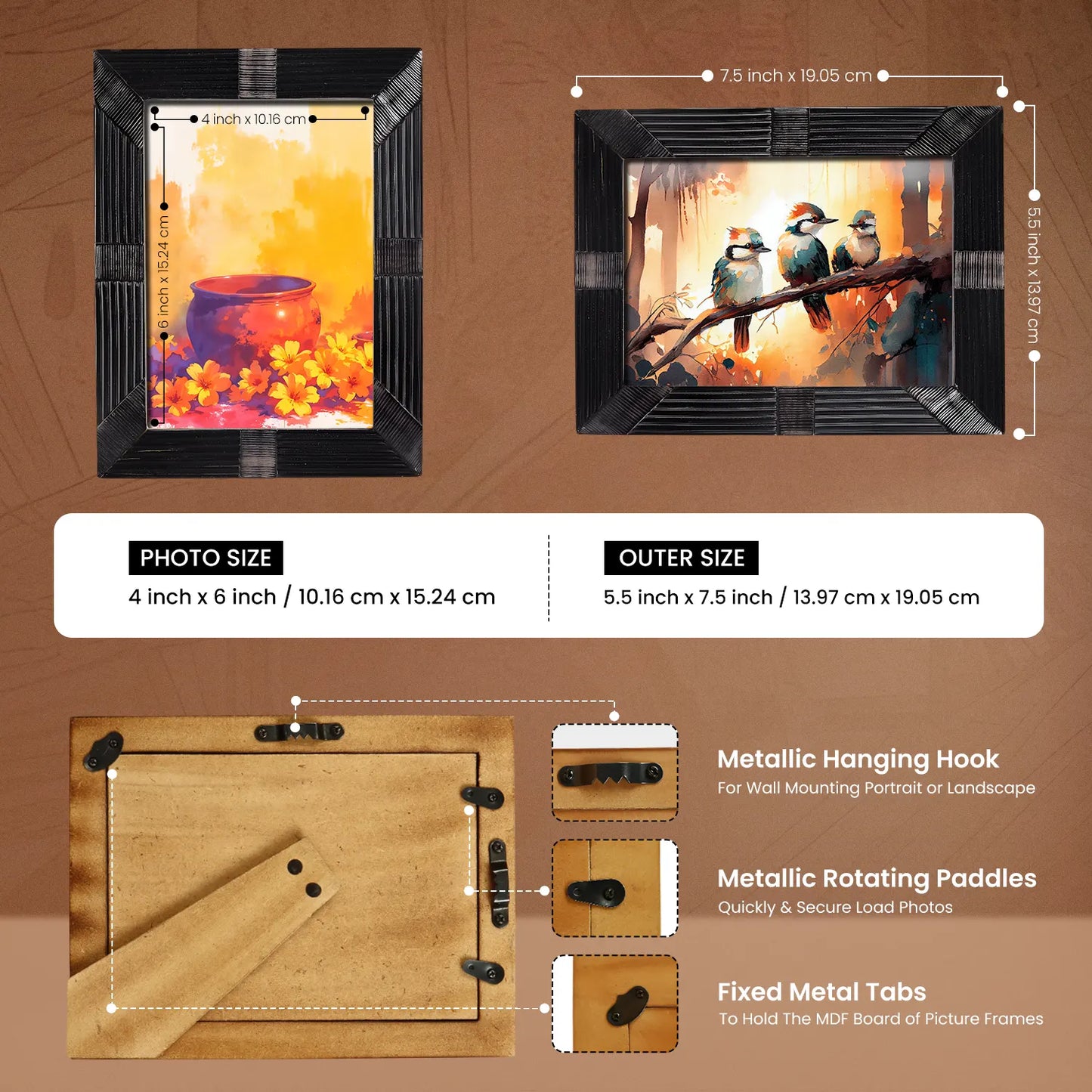 Horn Inlay Shagrin Picture Photo Frames Black, 4x6 5x7