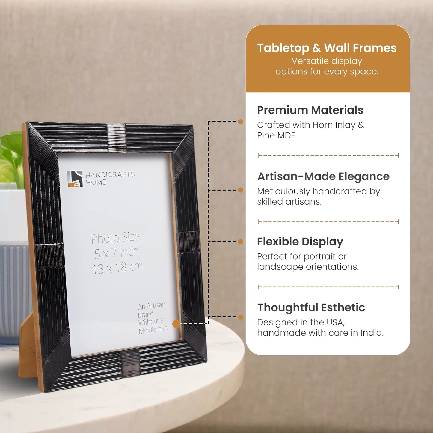 Shagrin Black Horn Brass Inlay Picture Photo Frame 4x6 & 5x7