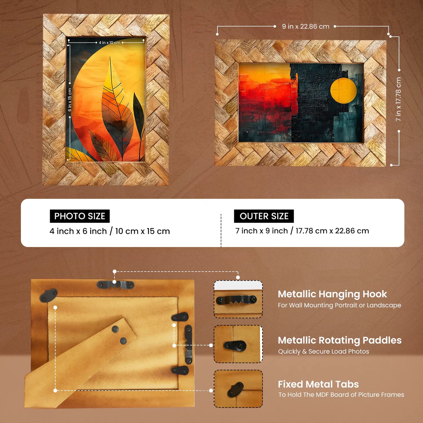 Wood Inlay Cinnamon Plaits Pattern Picture Photo Frame - 4x6