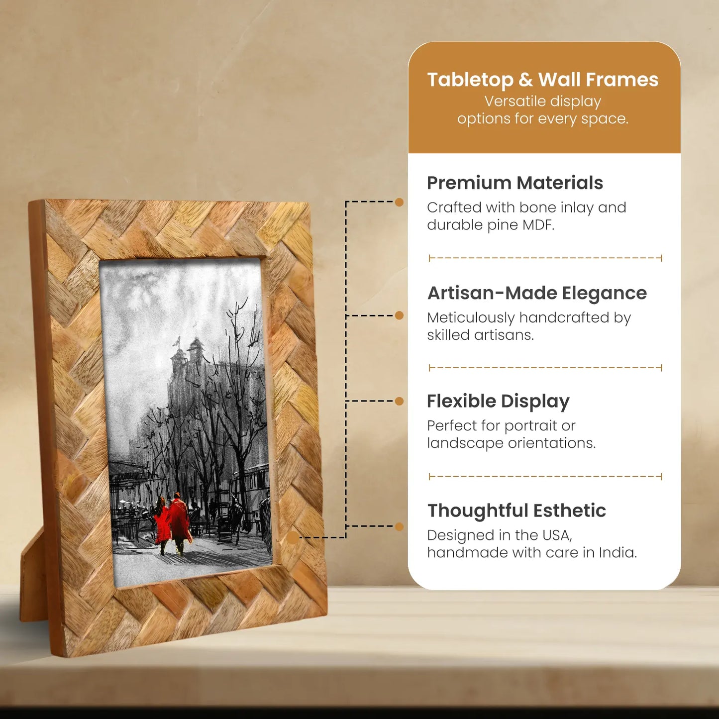 Wood Inlay Cinnamon Plaits Pattern Picture Photo Frame - 4x6