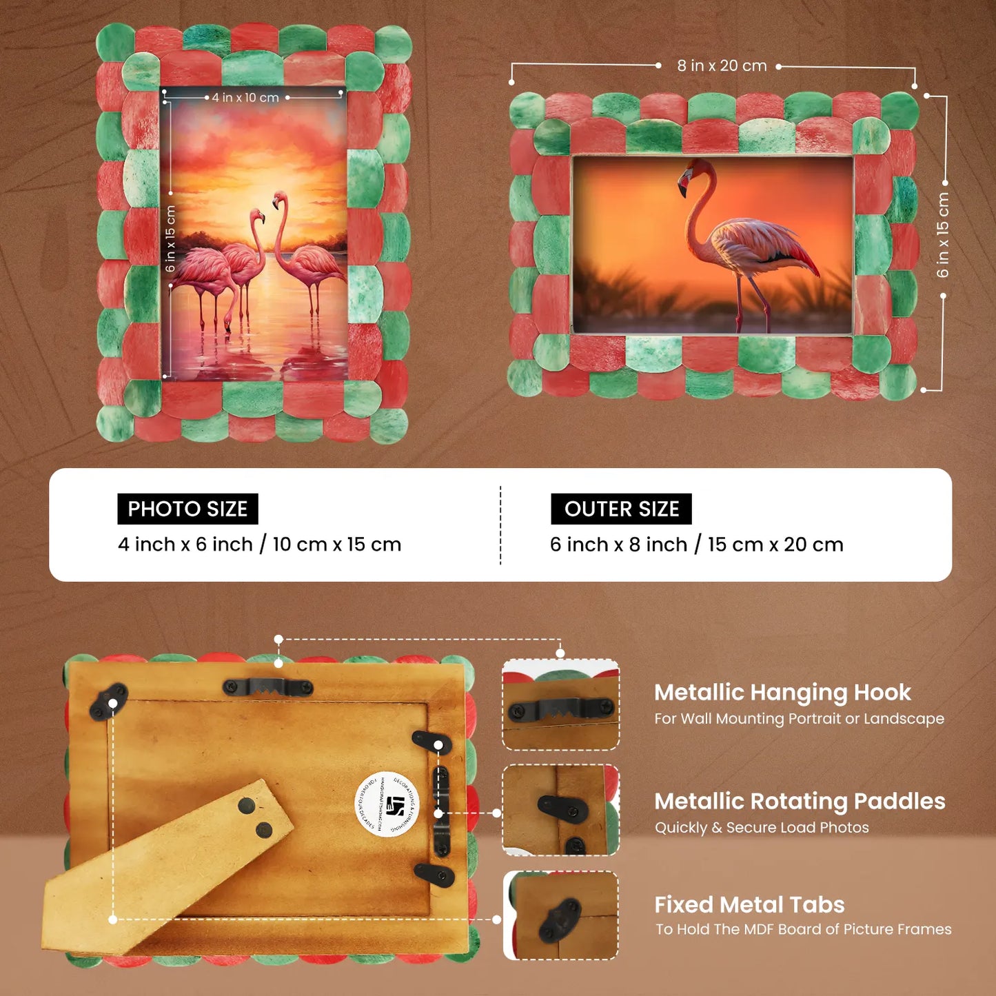 Picture Frames Scalloped Pattern Bone Inlay Collection in 4 sizes, Green & Red