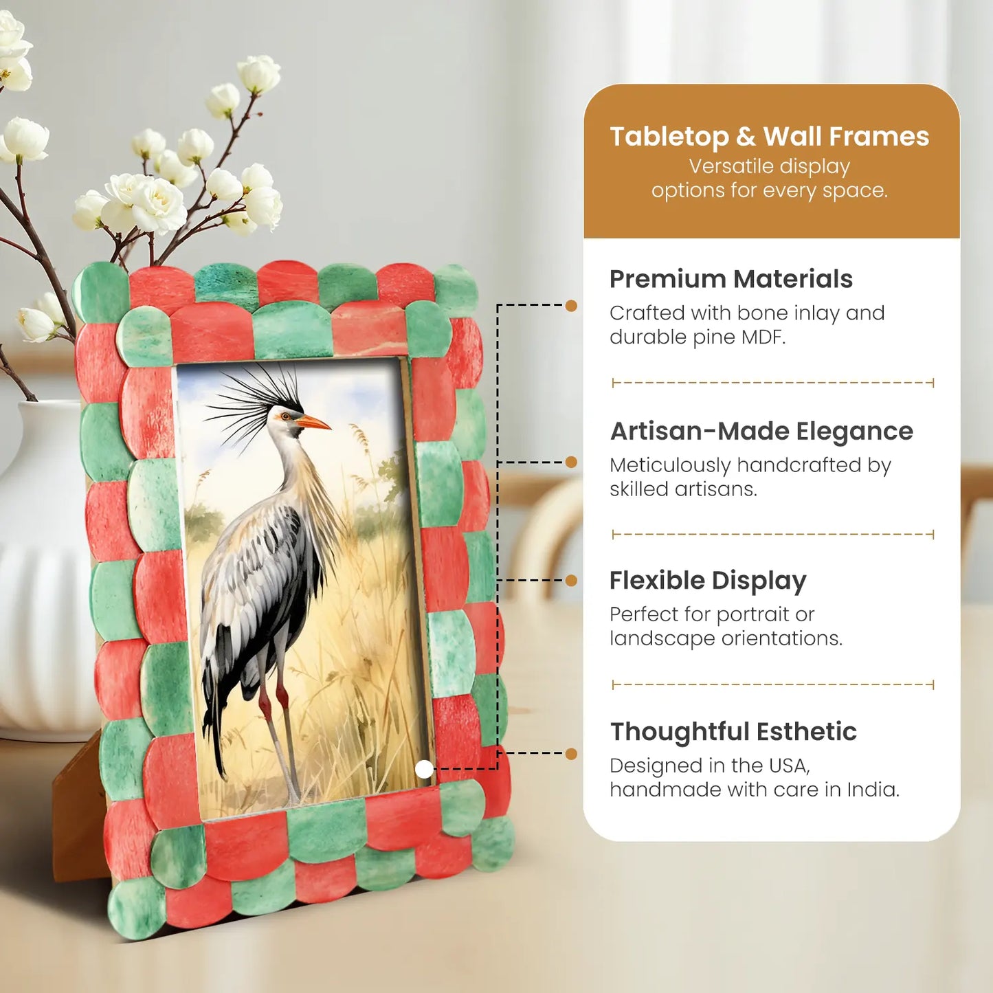 Picture Frames Scalloped Pattern Bone Inlay Collection in 4 sizes, Green & Red