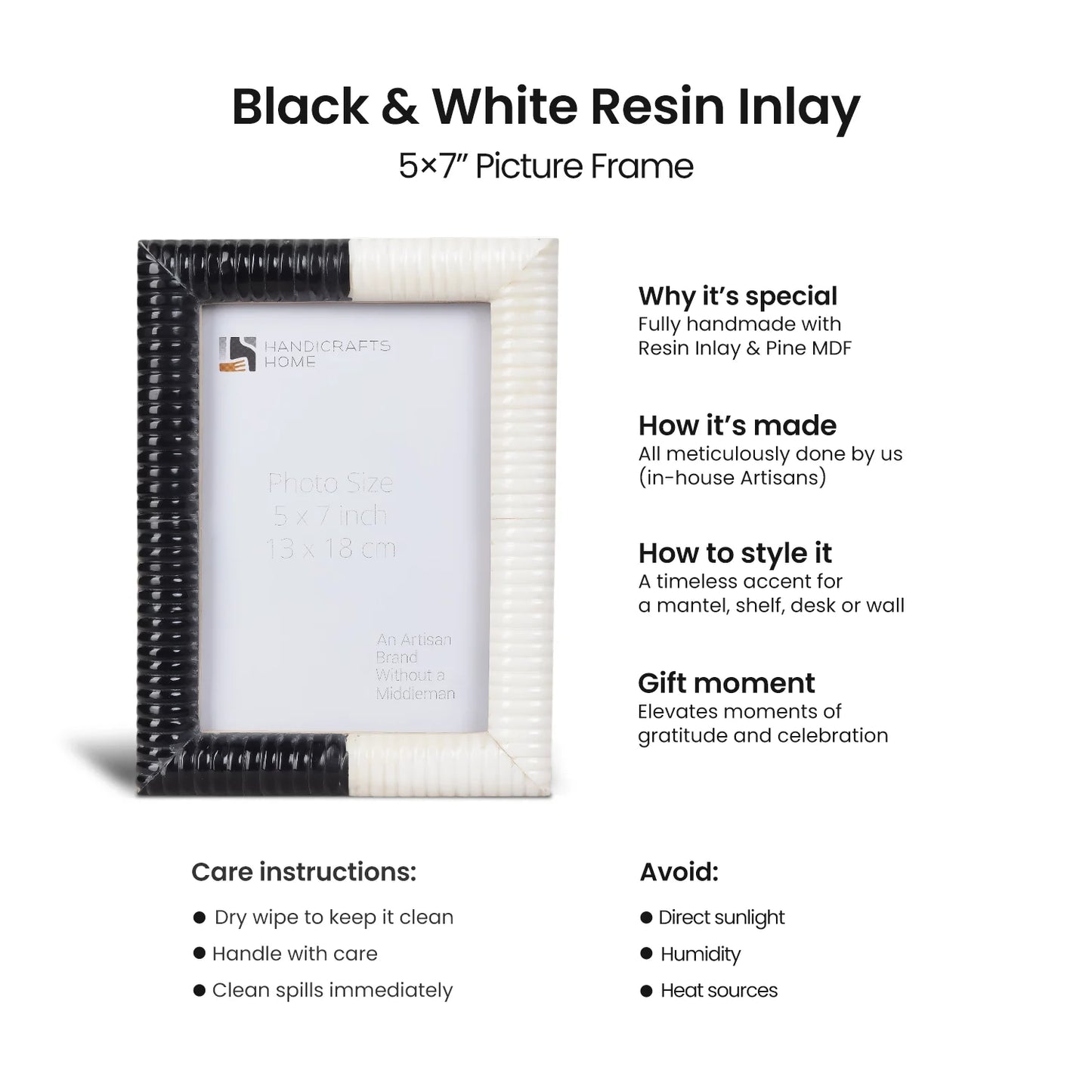 Picture Frame Ridged Collection Resin Inlay Black & White – 4x6 & 5x7"