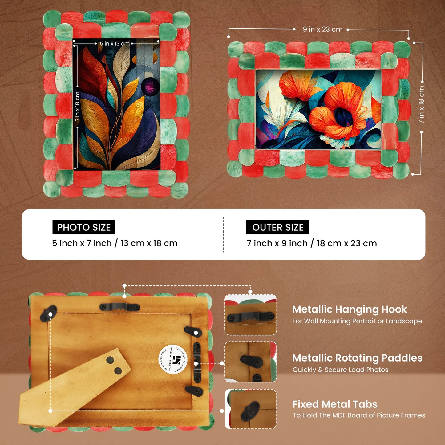 Picture Frames Scalloped Pattern Bone Inlay Collection in 4 sizes, Green & Red