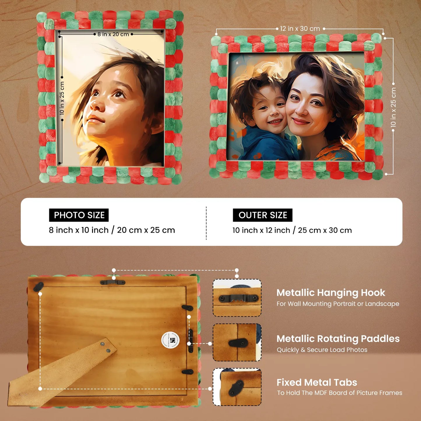 Picture Frames Scalloped Pattern Bone Inlay Collection in 4 sizes, Green & Red