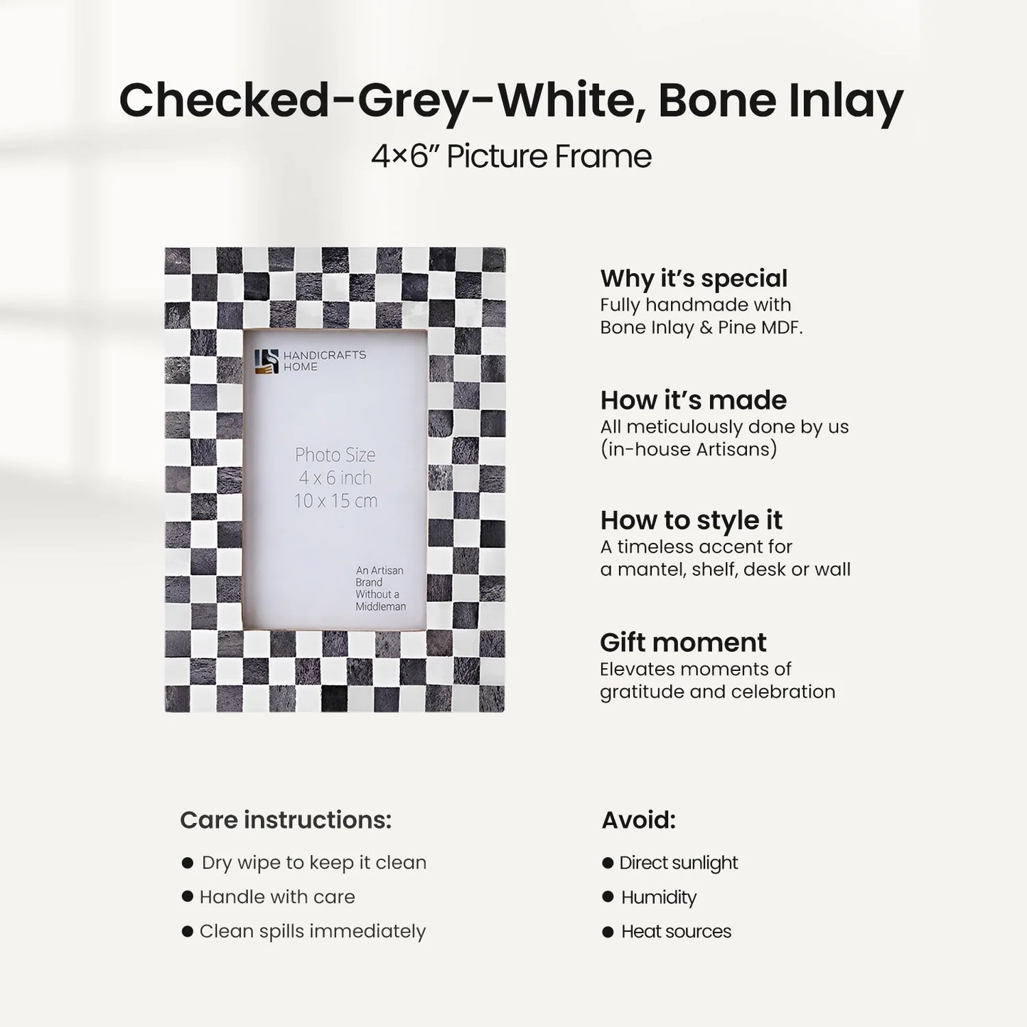 Picture Frame Checkered Pattern Bone Inlay, Grey - White, 4" x 6" & 5" x 7"