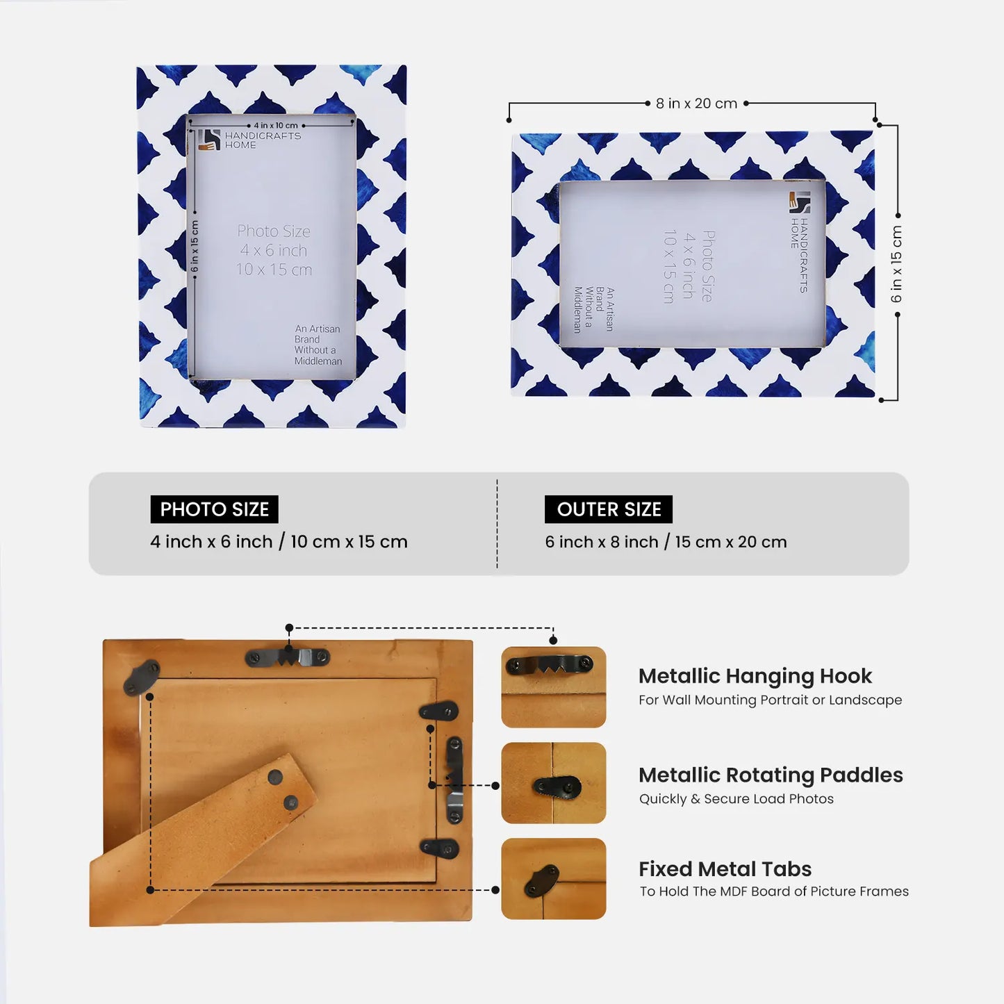 Picture Frame Indigo Pattern Collection Bone Resin Inlay White Blue 4x6
