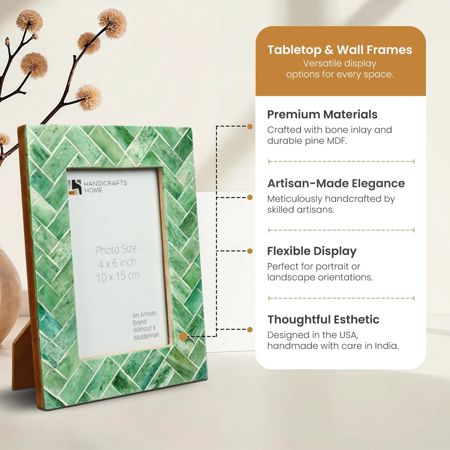 Picture Frame Green Leaf Collection Bone Inlay Green & White – 4x6"