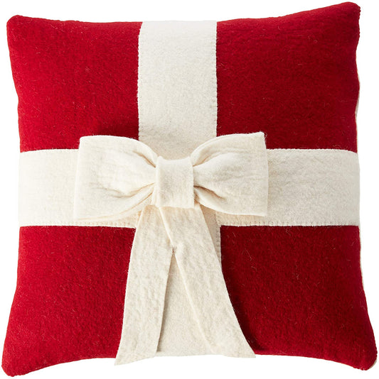 Cream Bow Red- Christmas Pillow Cover Hand Felted Wool - 20" / 14" Arcadia Home