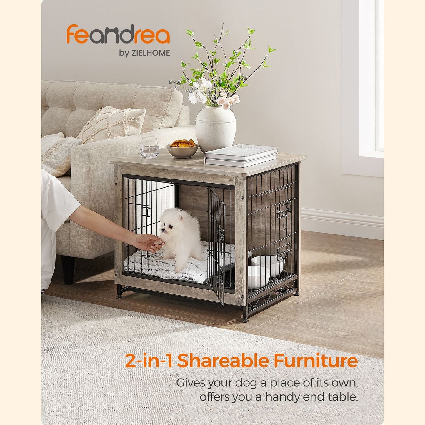 Dog Crate Furniture, Side End Table, Modern Kennel for Dogs Indoor up to 30 lb, Heavy-Duty Dog Cage with Multi-Purpose Removable Tray, Double-Door Dog House, Greige