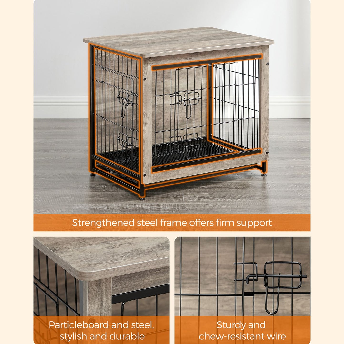 Dog Crate Furniture, Side End Table, Modern Kennel for Dogs Indoor up to 30 lb, Heavy-Duty Dog Cage with Multi-Purpose Removable Tray, Double-Door Dog House, Greige